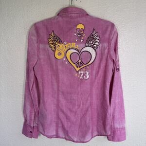 Sinful by Affliction Shirt Womens Small Y2K Angel Heart Wings Top Snap Button Up